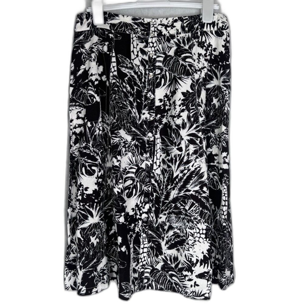 Grace Elements Linen Blend Black White Tropical Floral Midi Skirt Size 12
